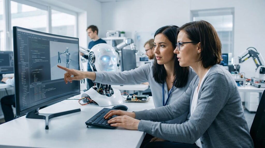 ai, robot, technology, coding, laboratory, development, women, engineering, collaboration, future, innovation, software, research, science, tech, workplace, machine, human, screen, data, ai generated