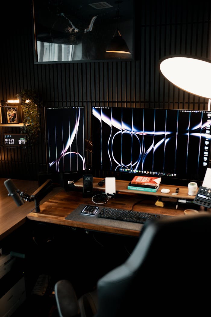 A sleek home office setup with dual monitors and warm lighting, perfect for productivity.